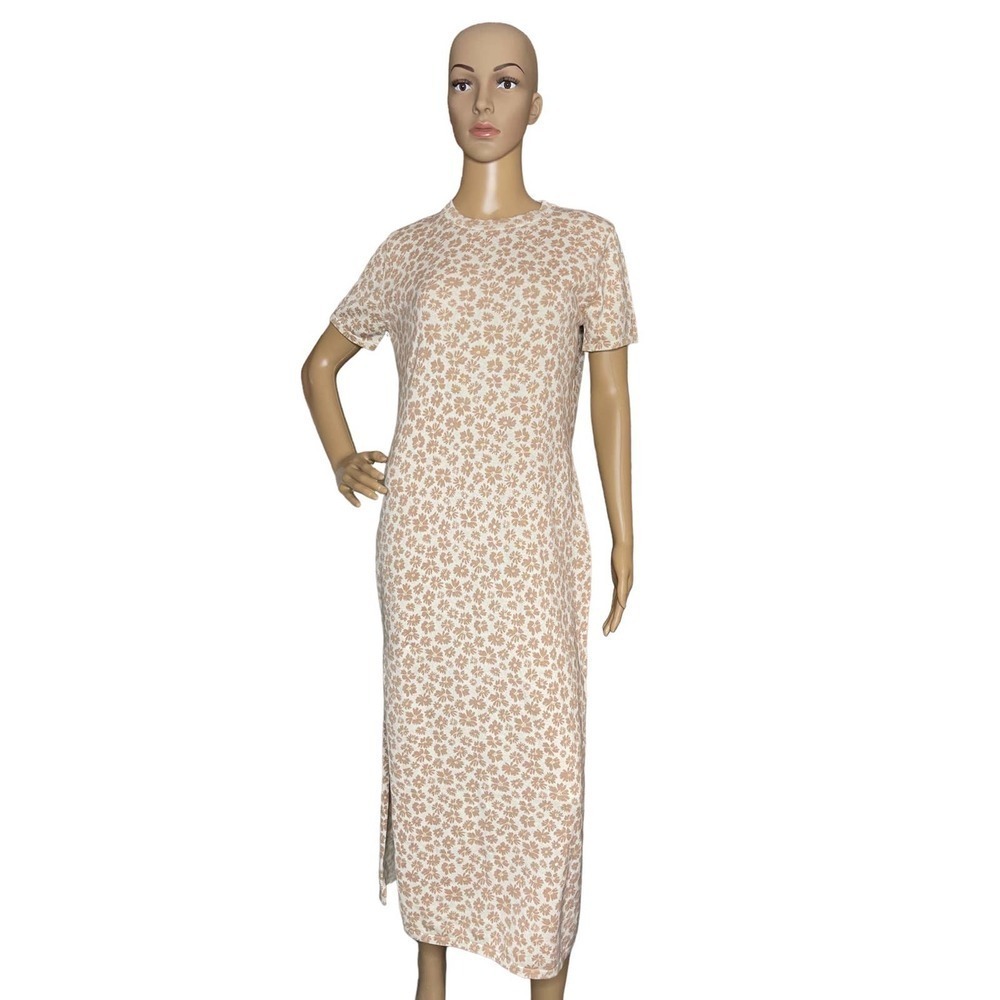 Callahan Women's Ditsy Floral Maxi Dress Cotton Knit Side Slit Cream Tan S NEW